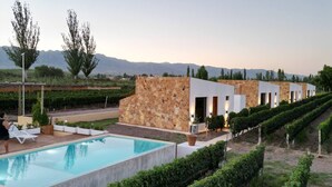 Une piscine, un mur de pierre et une rangée de bâtiments, avec un vignoble en arrière-plan.