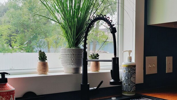 Una cocina con un grifo negro, un fregadero y una ventana con plantas en el alféizar.