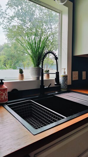 Et køkken med en sort hane, en vask og et vindue med planter i vindueskarmen.