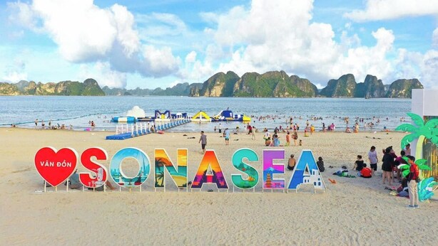 Ein Strand mit einem Schild, auf dem 'SONASEA' und 'VAN DON' stehen, verziert mit einer Palme.