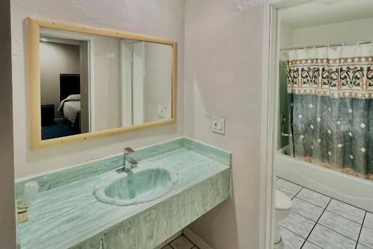 Un bagno con lavabo in marmo, uno specchio e una tenda per la doccia.