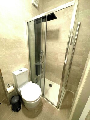 Ein modernes Badezimmer mit einer gläsernen Duschkabine, einer Toilette und einem Mülleimer.