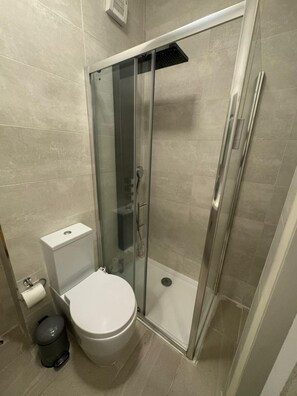 Regadera, toallas, jabón, shampoo 