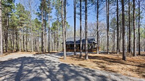 Une cabane entourée de grands pins, une allée de gravier et un ciel dégagé.