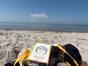 A beach scene with a book titled 'SIDDHARTHA' by Hermann Hesse on the sand. - Traditional log house near beach and forest (Rørvig)