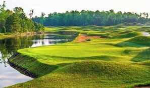 Ein Golfplatz mit Teich, sanften grünen Hügeln und Bäumen im Hintergrund.