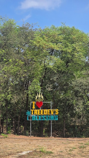 Un cartello con la scritta 'I ♥ TREDEDEV'S BLESSING' circondato da alberi.