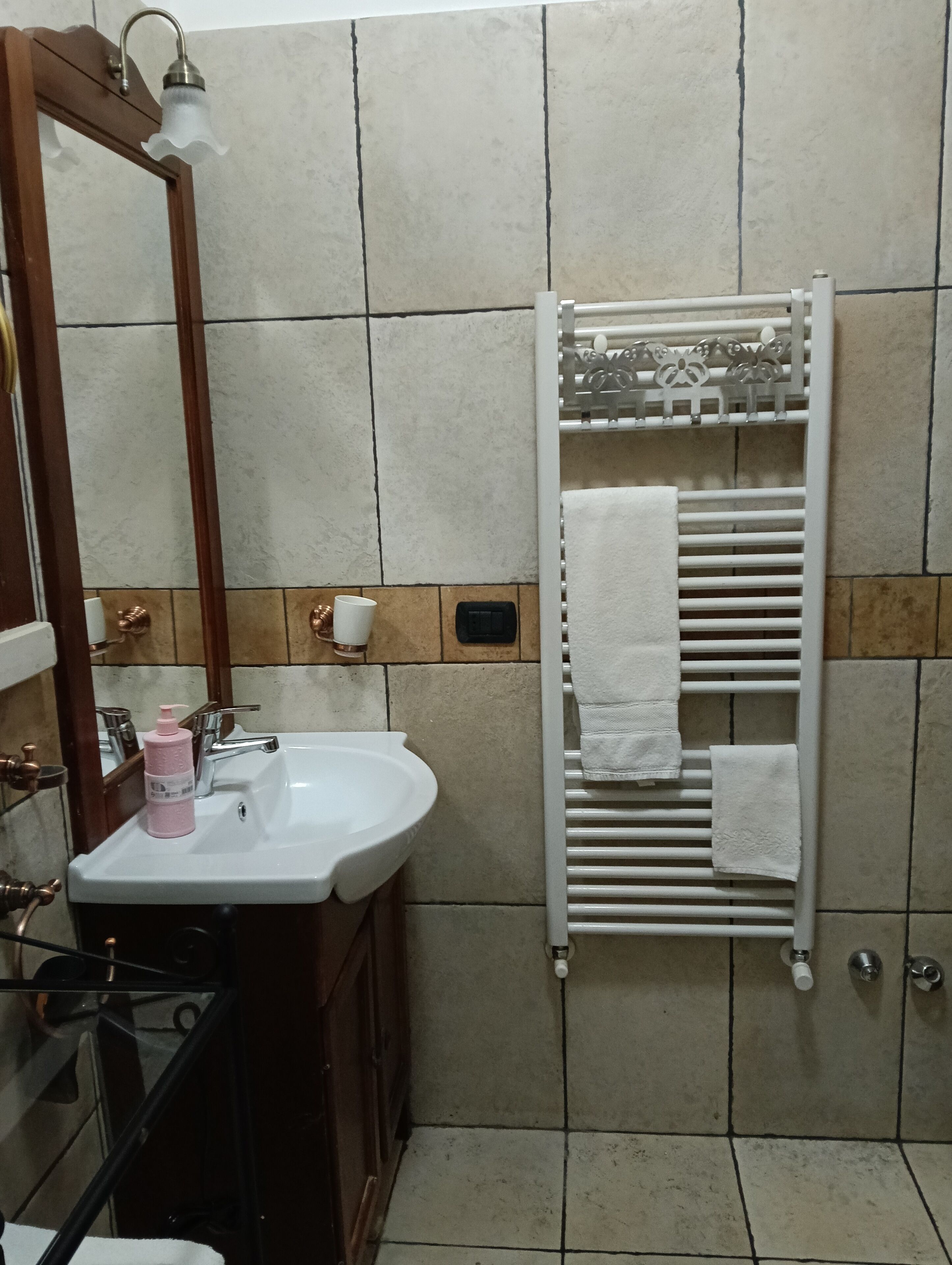 Casa de banho com lavatório, espelho, porta-toalhas e zona de duche.