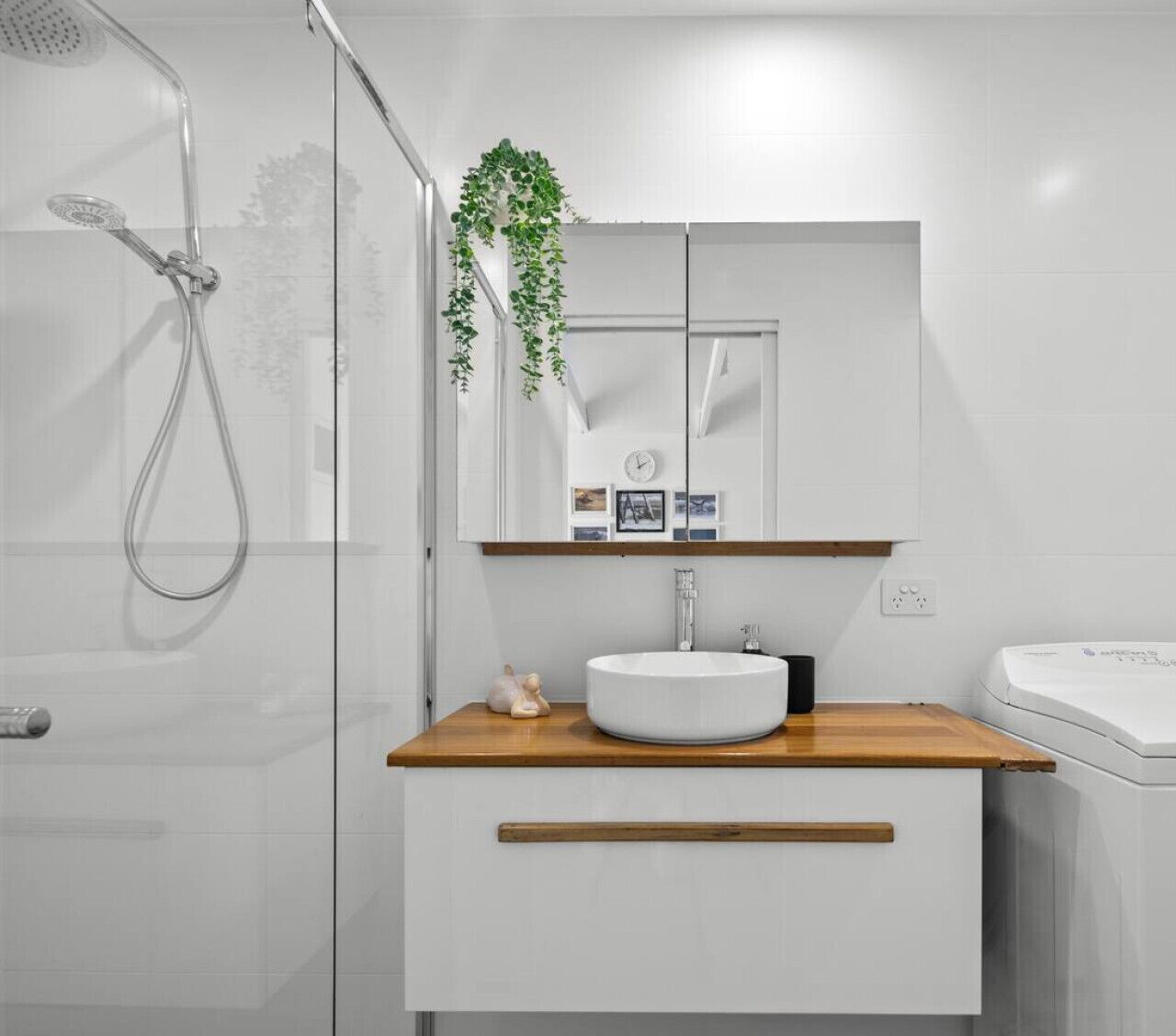 A modern bathroom with a glass shower enclosure, a white sink with a wooden countertop, and a mirror with a plant hanging above it.