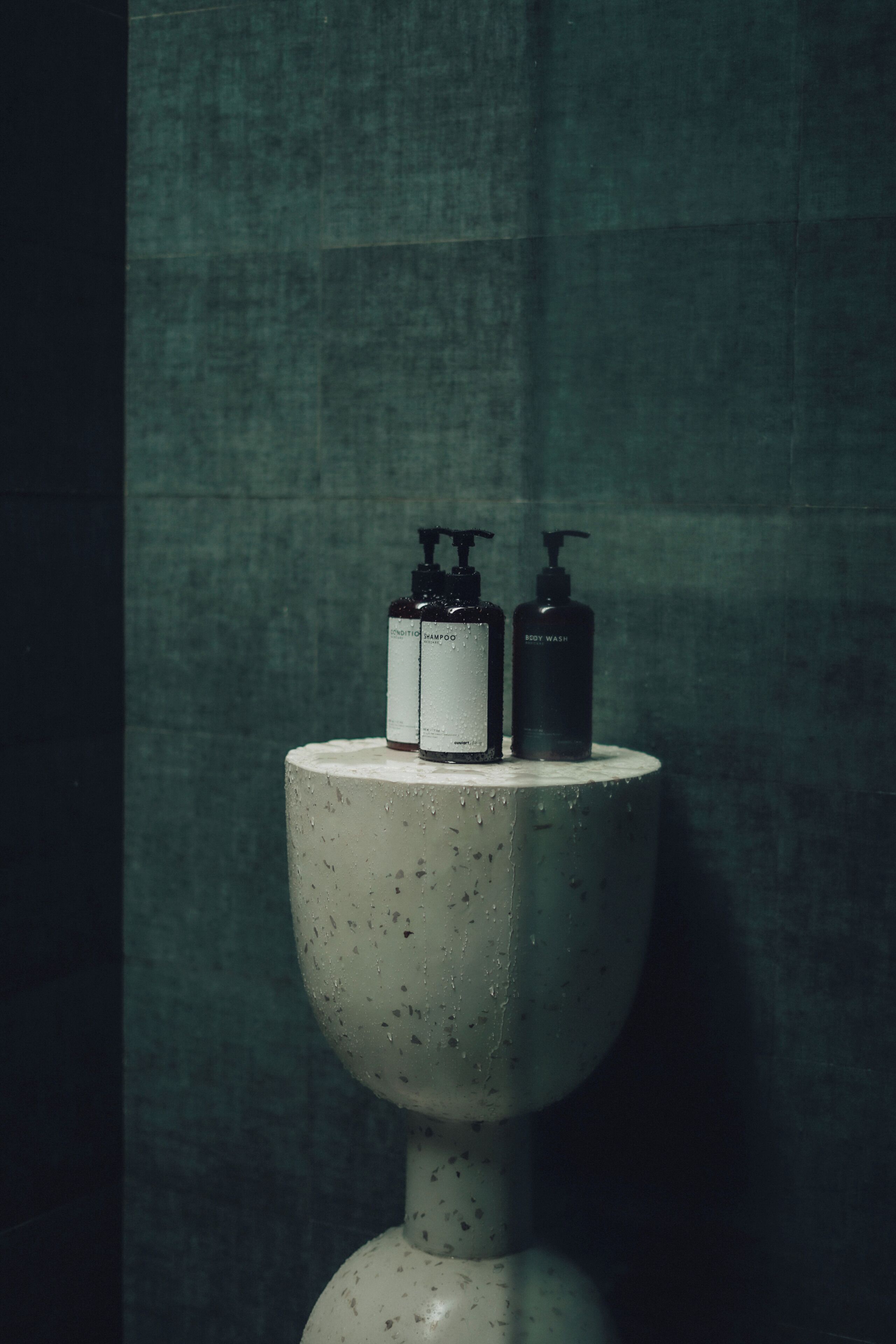 A bathroom with a round, speckled ceramic toilet and two black bottles of shampoo and body wash on top.