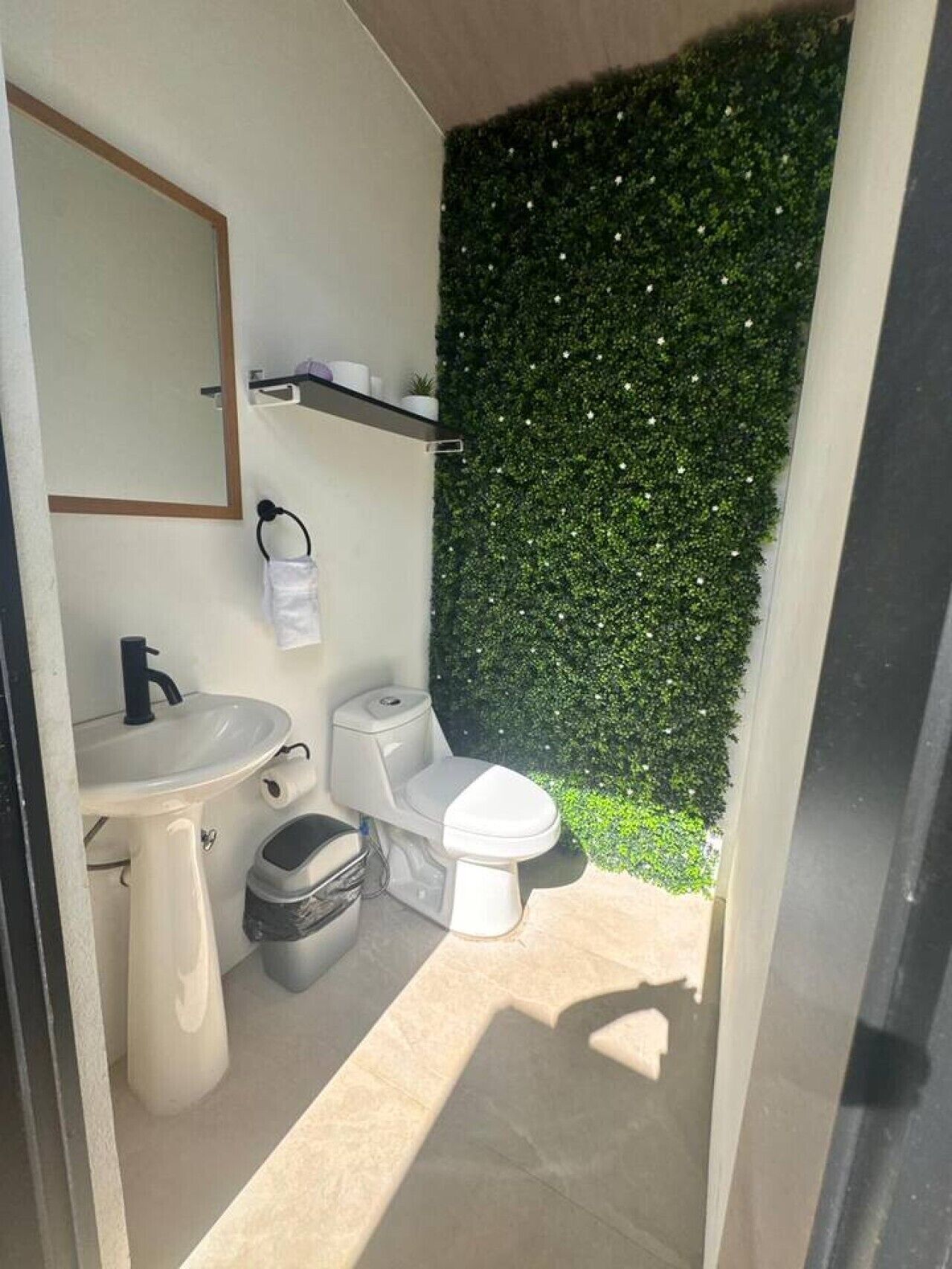 Une petite salle de bain avec un lavabo sur colonne, des toilettes et un miroir au-dessus du lavabo.