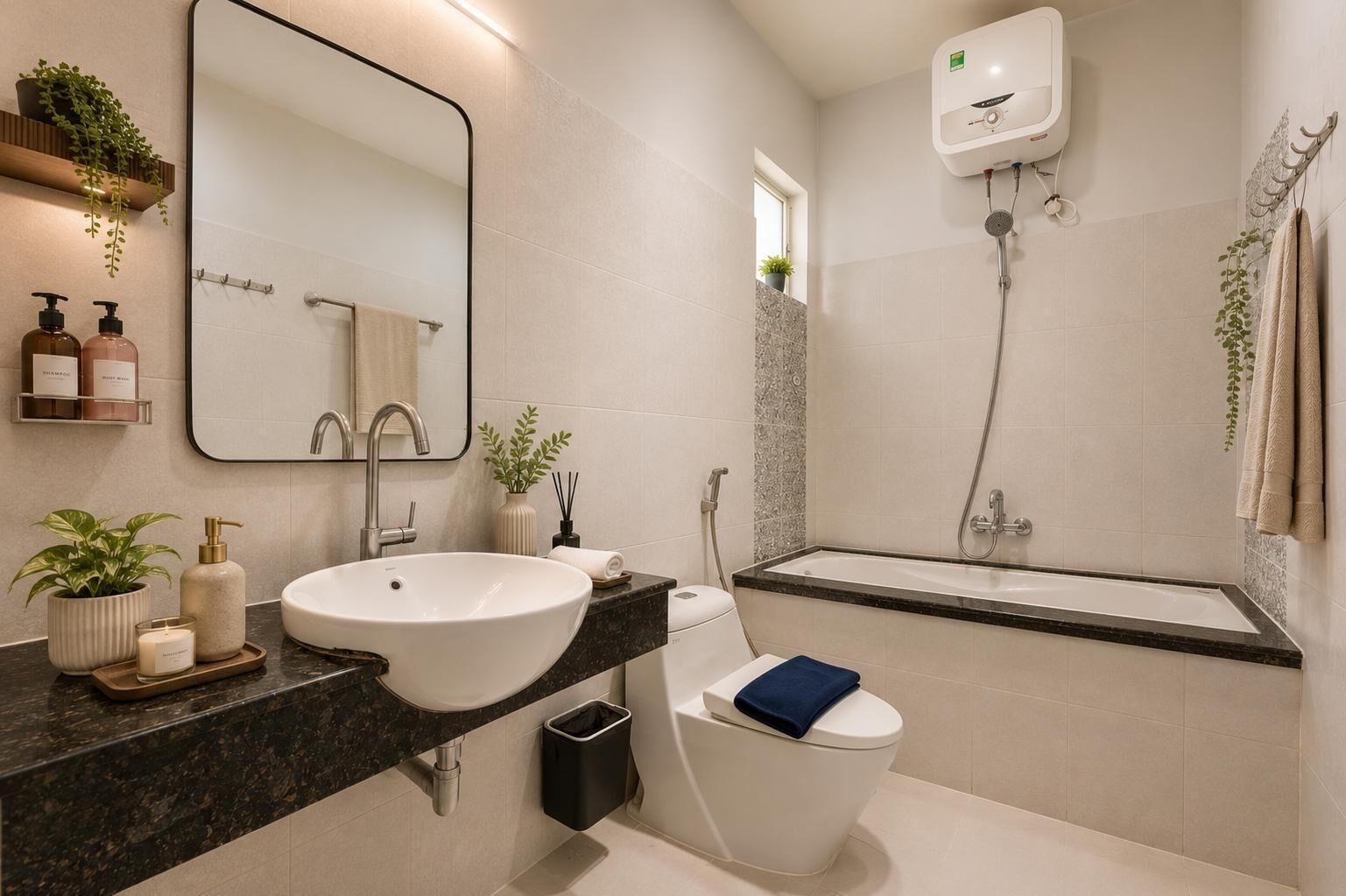 Douche, sèche-cheveux, serviettes fournies, savon