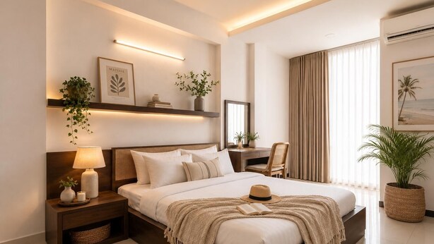 A modern hotel room with a large bed, bedside tables, a desk, and a large window with curtains. - Group Stay in Central Saigon_ 6 Bedrooms + Private Baths (Thành phố Hồ Chí Minh)