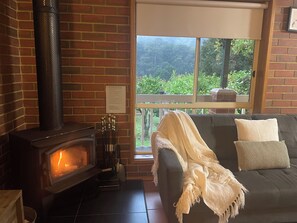 A cozy room with a fireplace, a couch with a blanket, and a window with a view of greenery. - NOOJEE GETAWAY - COSY CABIN IN NOOJEE VIC (Noojee)