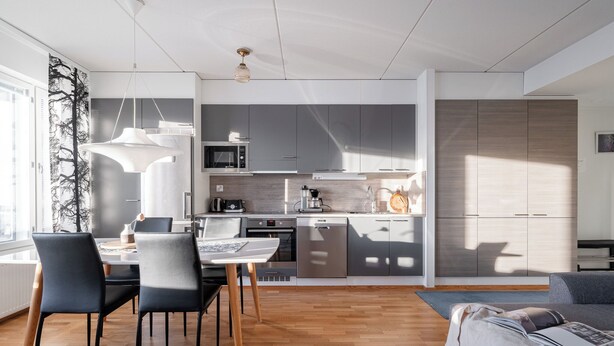 Eine moderne Küche mit grauen Schränken, ein Essbereich mit Tisch und Stühlen sowie ein Sofa im Wohnbereich.