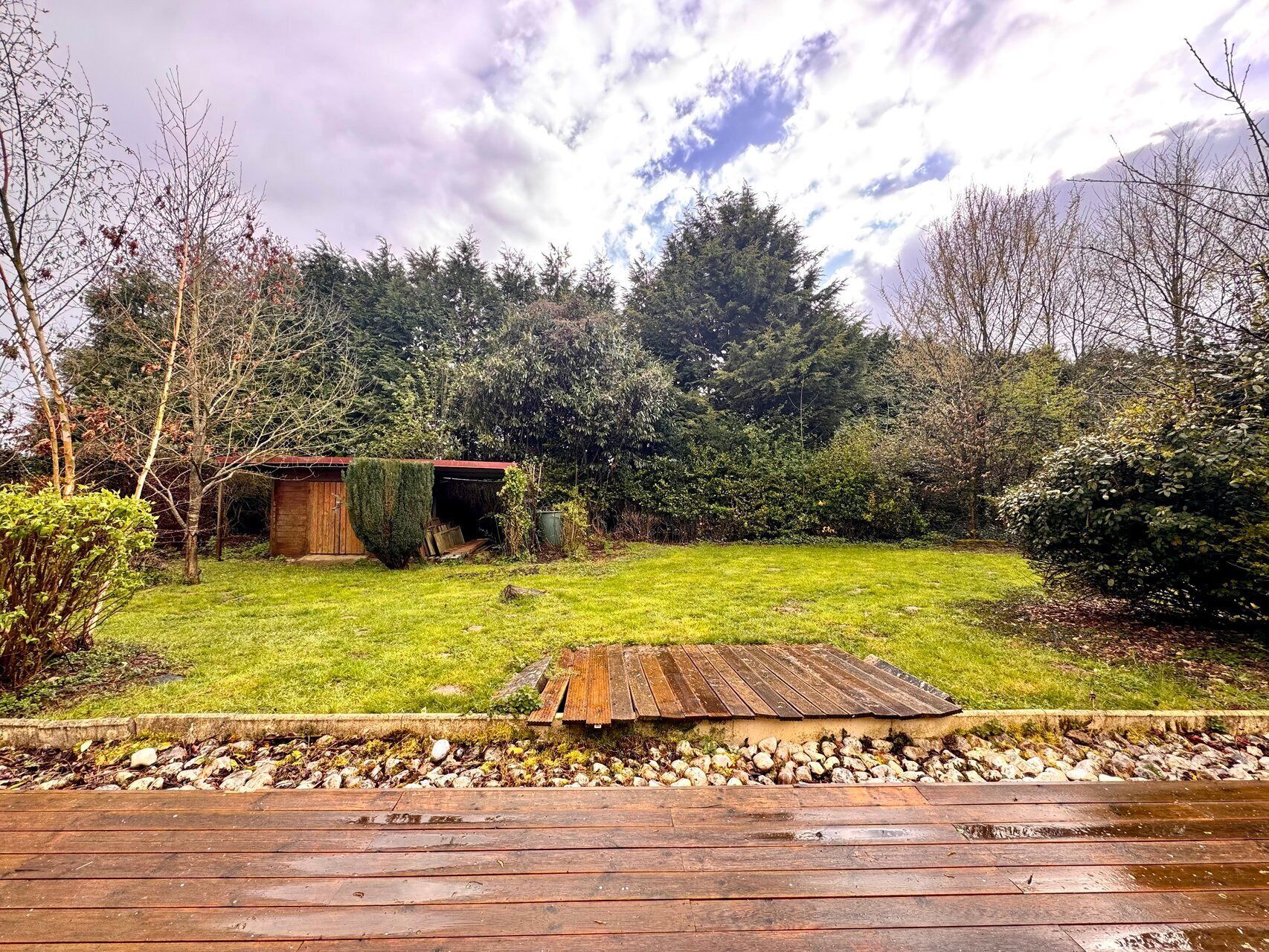 Eine Holzterrasse mit einem Rasen, einer Gartenhütte und dichten Bäumen im Hintergrund.
