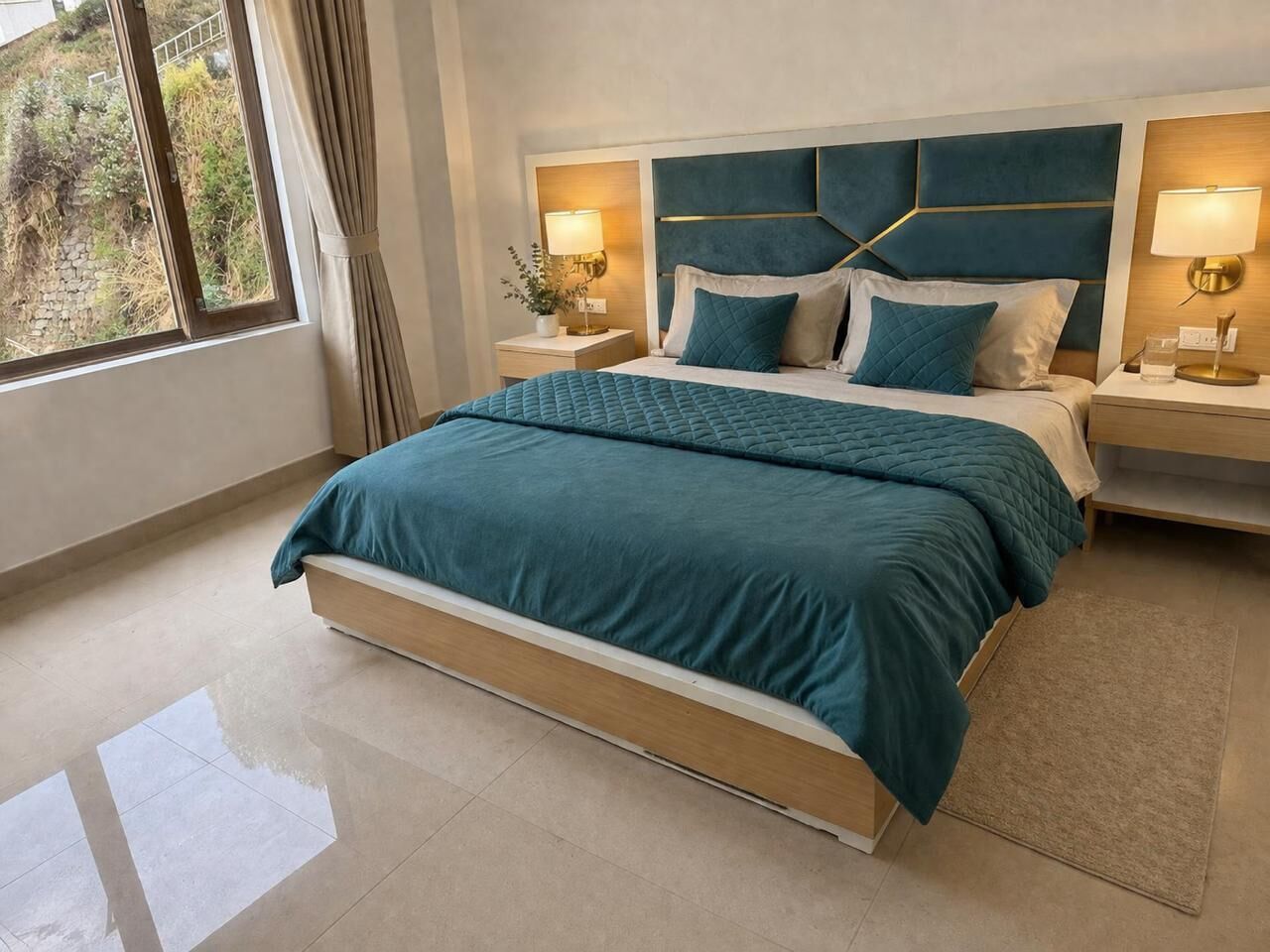 A modern bedroom with a large bed, two bedside tables, and a window with curtains.