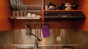 Una cocina compacta con lavamanos, estufa y un portalapices.