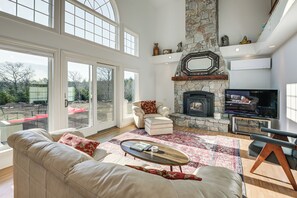 TV, fireplace - Acadia Adventure Base: 4,500-Sq-Ft Group Getaway (Mount Desert)