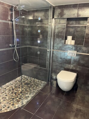 A modern bathroom with a glass-enclosed shower, a toilet, and a small shelf with toiletries. - Large 22 m2 ground-floor studio, 5-minute walk from IGR/Paul Brousse line 14 (Villejuif)