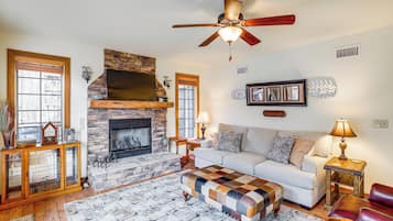 TV, fireplace, books