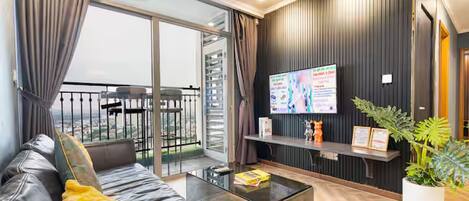 Appartement luxueux, 2 chambres, balcon, vue sur la ville | Aire de séjour