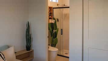Shower, hair dryer, shampoo