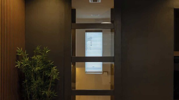 A modern interior with a wooden panel wall, a bamboo plant, and a glass door leading to a room with a window.