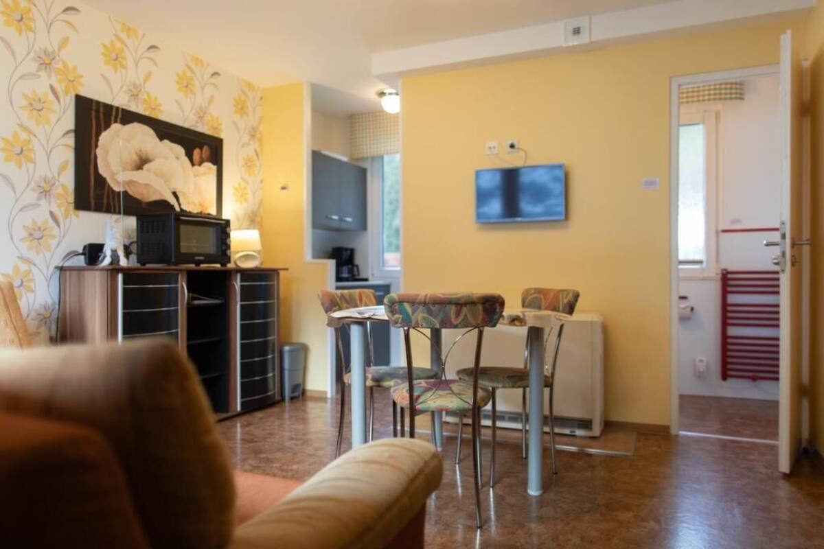 A living room with a sofa, a dining table with chairs, a TV, and a kitchen area.