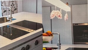Eine moderne Küche mit Einbauherd, Spüle und Mikrowelle.
