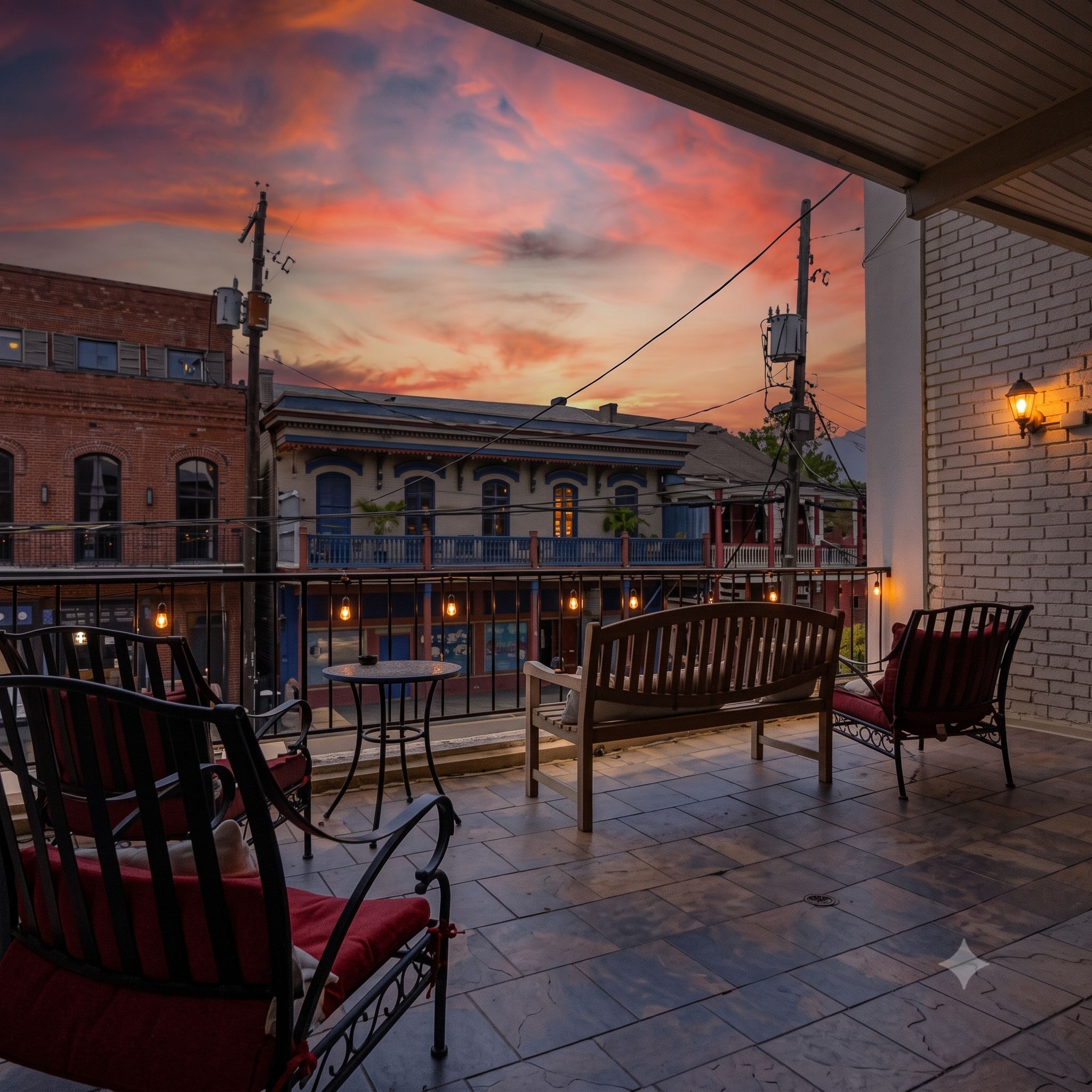 A terrace with outdoor seating, a view of a building with a blue facade, and a sunset sky.