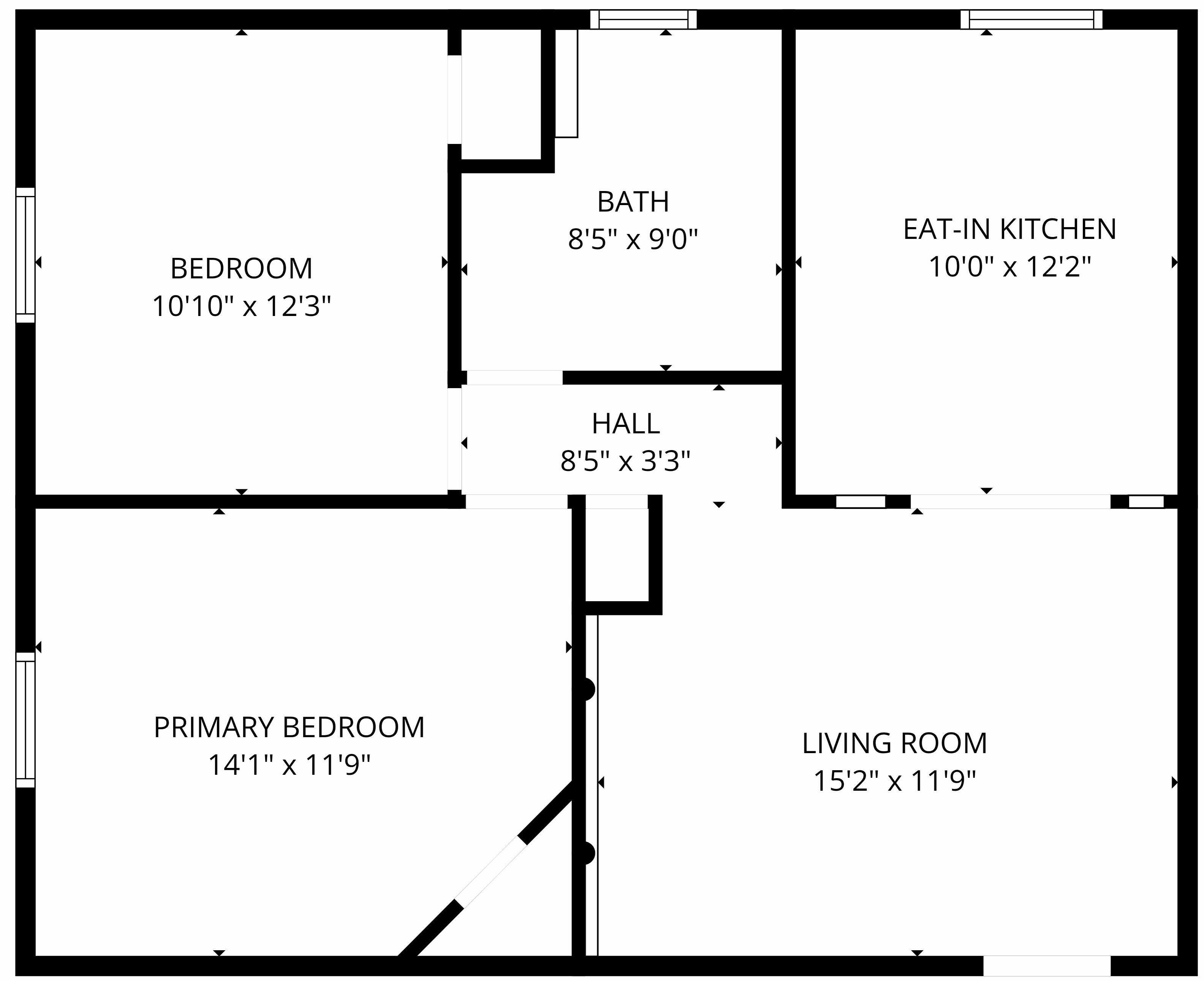 Plano de planta que muestra un dormitorio (3,05 x 3,73 metros), un dormitorio principal (4,24 x 3,58 metros), una sala de estar (4,62 x 3,58 metros), una cocina americana (3,05 x 3,71 metros), un baño (2,54 x 2,74 metros) y un pasillo (2,54 x 0,99 metros).