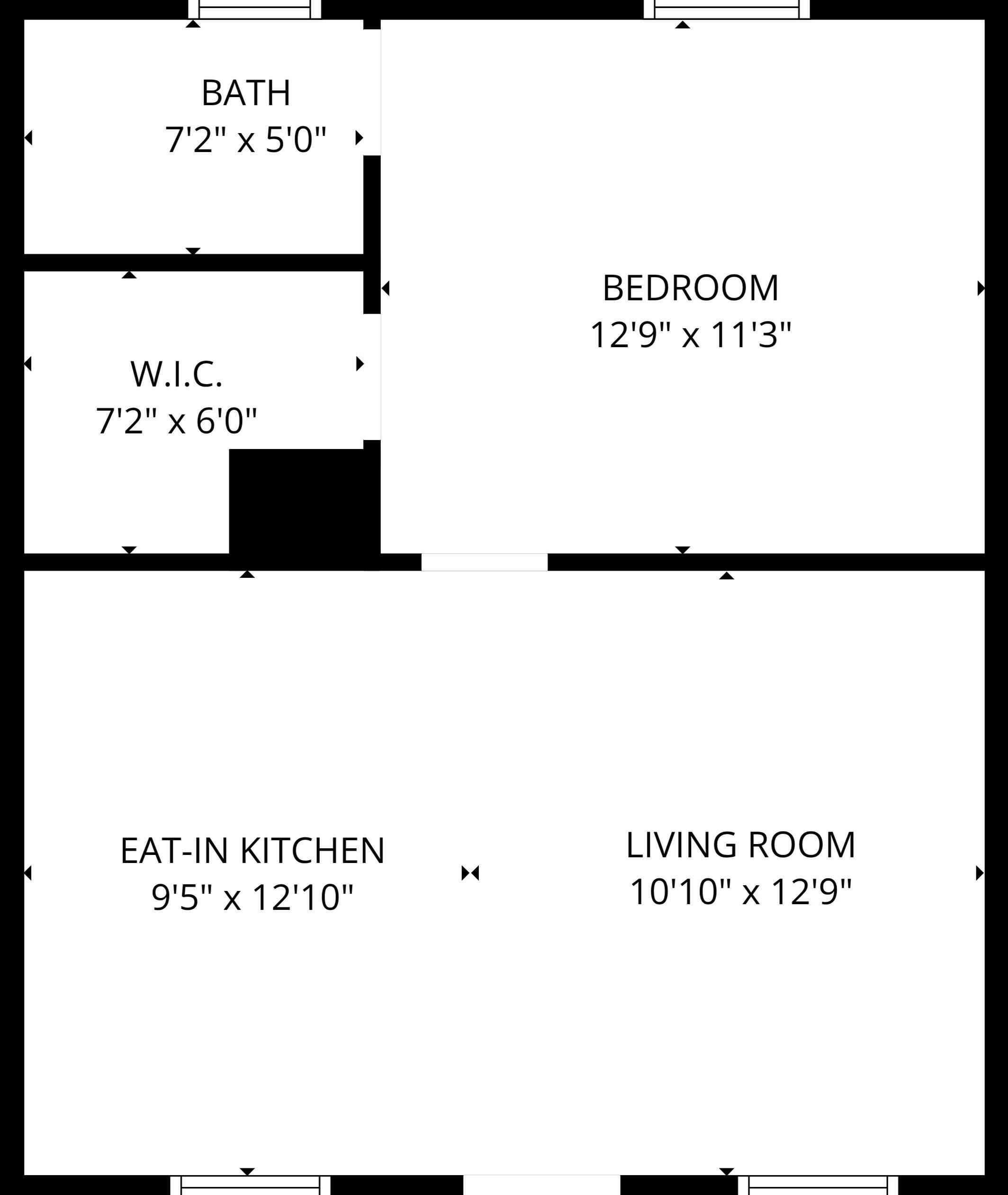 A floor plan with a 7'2' x 5'0' bath, 7'2' x 6'0' W.I.C., 9'5' x 12'10' eat-in kitchen, 10'10' x 12'9' living room, and 12'9' x 11'3' bedroom.