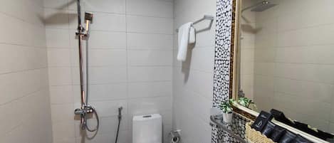 Shower, hair dryer, bidet, towels