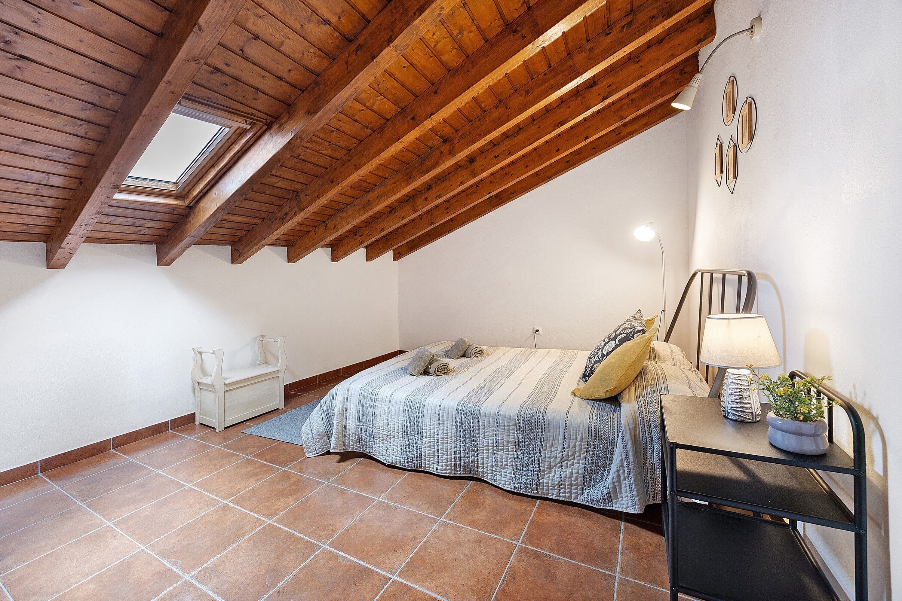 A bedroom with a sloped ceiling, a skylight, a bed with a striped bedspread, a bedside table with a lamp, and a small potted plant.