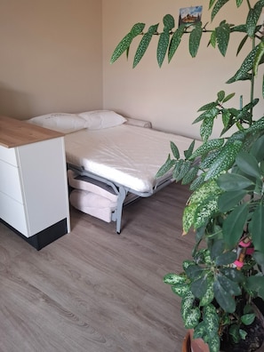 A small, neatly arranged bedroom with a bed, a bedside table, and a potted plant.
