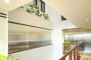 A modern interior with a glass railing, a staircase, and potted plants.