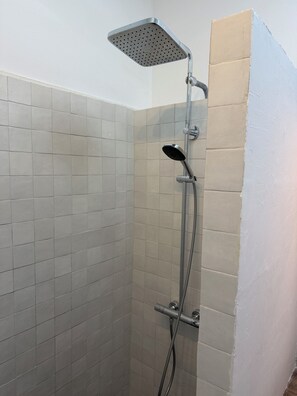Shower, hair dryer, soap, shampoo