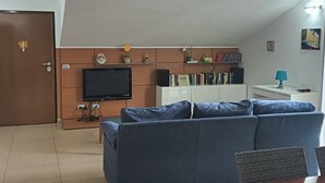 Un salon comprenant un canapé, un téléviseur, une bibliothèque et une porte décorée de motifs de papillons.