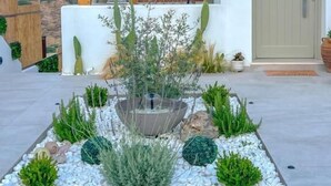 Un jardí al terrat amb una font, una pèrgola de fusta i un edifici blanc amb una porta.