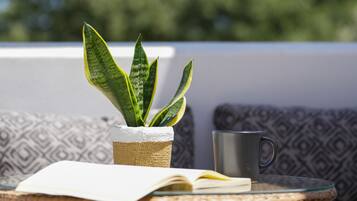 Une chaise en osier, une petite table avec un livre et une tasse, et une plante en pot sur un balcon.