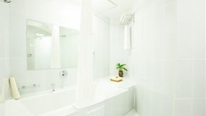 A modern bathroom with a bathtub, a mirror, a towel rack, and a small plant on the counter. - African Regent Hotel (Accra)