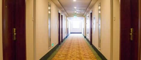 A hotel hallway with a carpeted floor, wooden doors, and a light-colored wall.