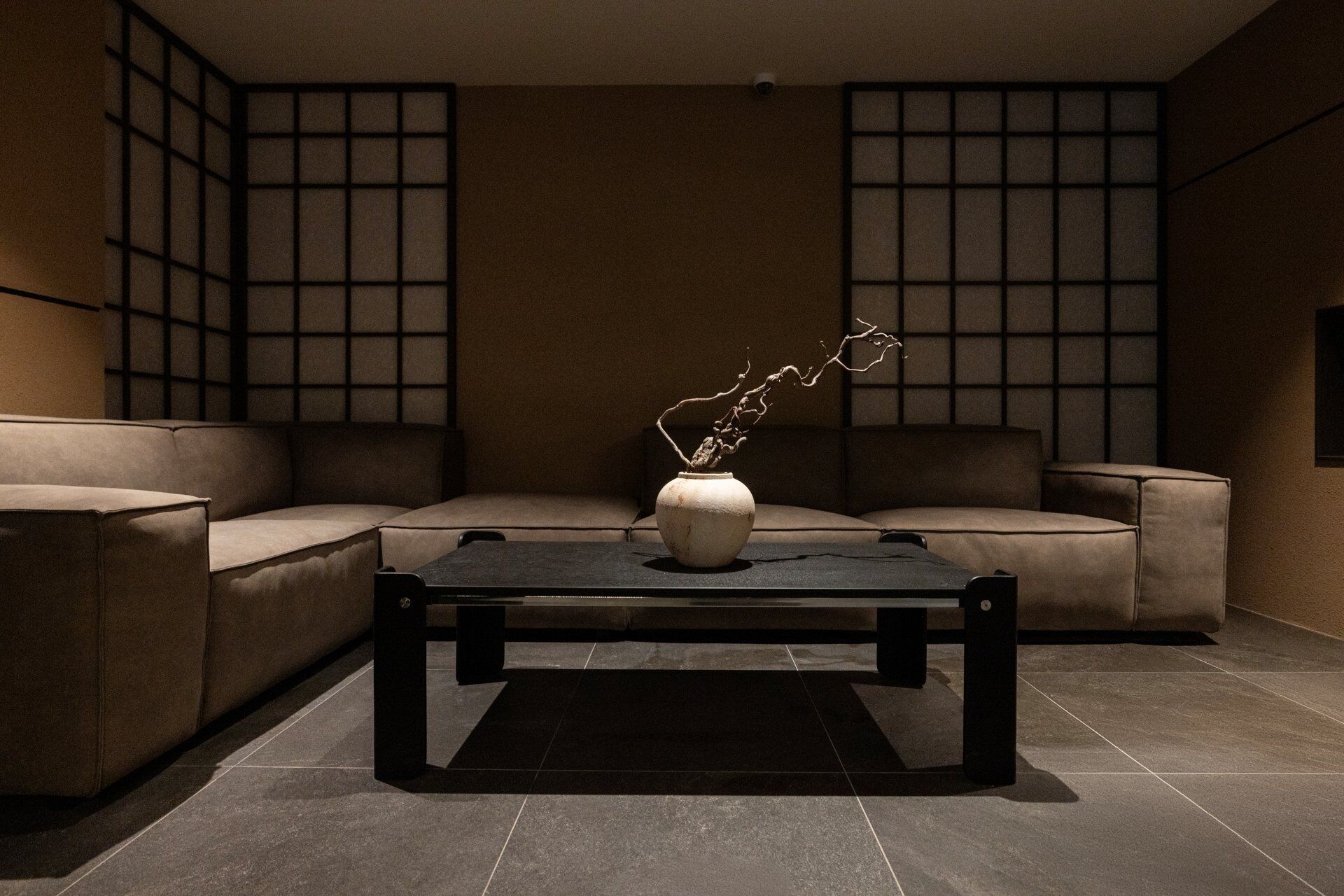 A modern living room with a sofa, a coffee table, and a vase with branches.