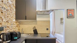 Una cucina compatta con una parete in pietra, un piano cottura moderno, un lavello e un piccolo bancone.