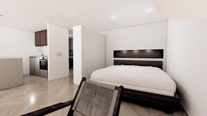 Ein modernes Schlafzimmer mit einem großen Bett, einem Holz-Kopfteil, einer kleinen Küchenzeile und einem begehbaren Kleiderschrank.
