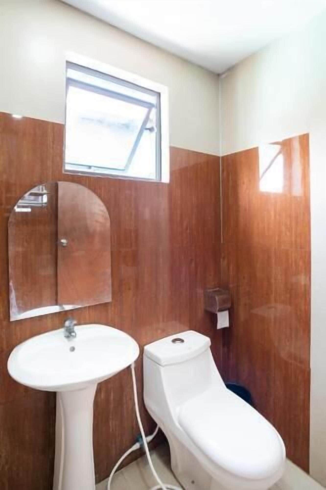 A bathroom with a pedestal sink, a toilet, a mirror, and a window.