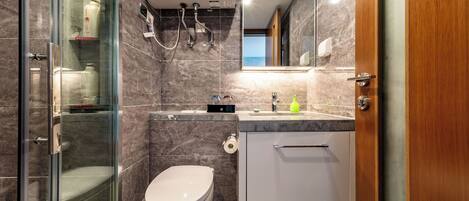 A modern bathroom with a glass shower enclosure, a toilet, a sink with a mirror, and a built-in heater.