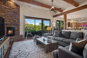 TV, fireplace - Iconic Red Rock Views, Luxury Southwest Style with (Sedona)