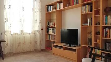 A living room with a television, bookshelves, a sofa, and a window with curtains.